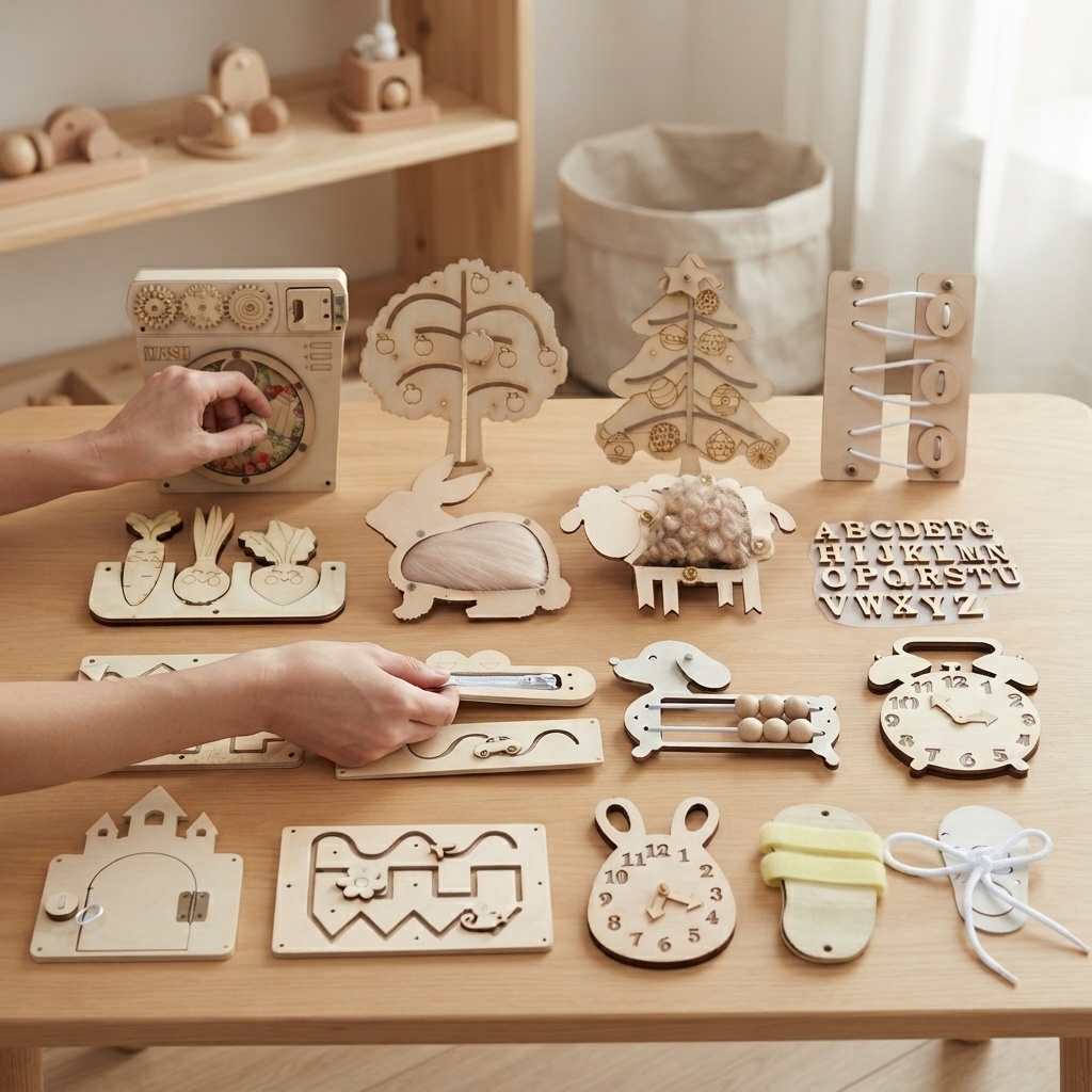 Montessori Wooden Busy Board Toddler - Beliebtes Montessori-Holzpuzzle: DIY-Aktivitäts-Türschloss-Ringe, Zubehör, Zuordnungsspielzeug, Frühes